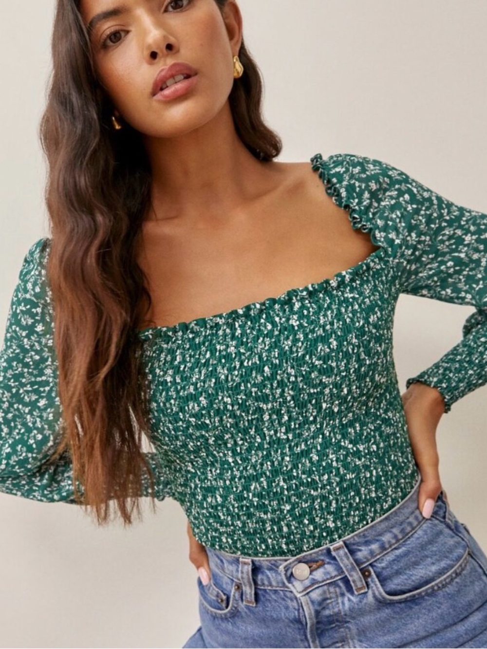 Reformation Forest Green Floral Smocked Long-Sleeve Top